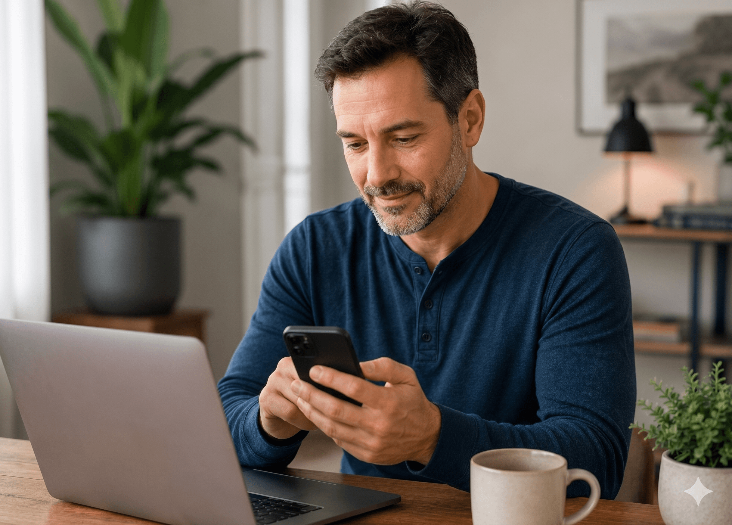 Middle-aged man using a smartphone and laptop during an online healthcare consultation